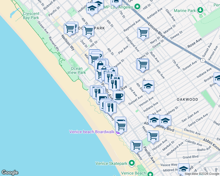 map of restaurants, bars, coffee shops, grocery stores, and more near 59 Ozone Court in Los Angeles