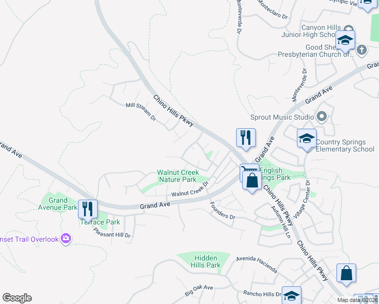 map of restaurants, bars, coffee shops, grocery stores, and more near 1871 Foxgate Lane in Chino Hills