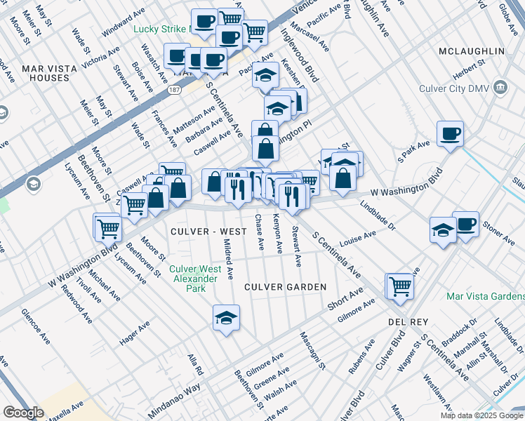 map of restaurants, bars, coffee shops, grocery stores, and more near 4132 Chase Avenue in Los Angeles