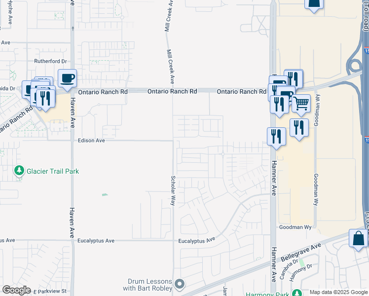 map of restaurants, bars, coffee shops, grocery stores, and more near 11071 Edison Avenue in Ontario