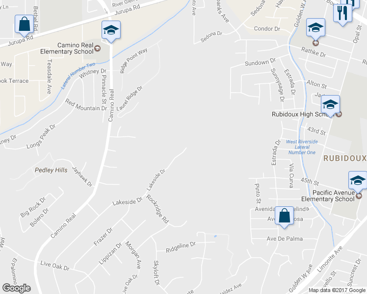 map of restaurants, bars, coffee shops, grocery stores, and more near 7339 Lakeside Drive in Riverside