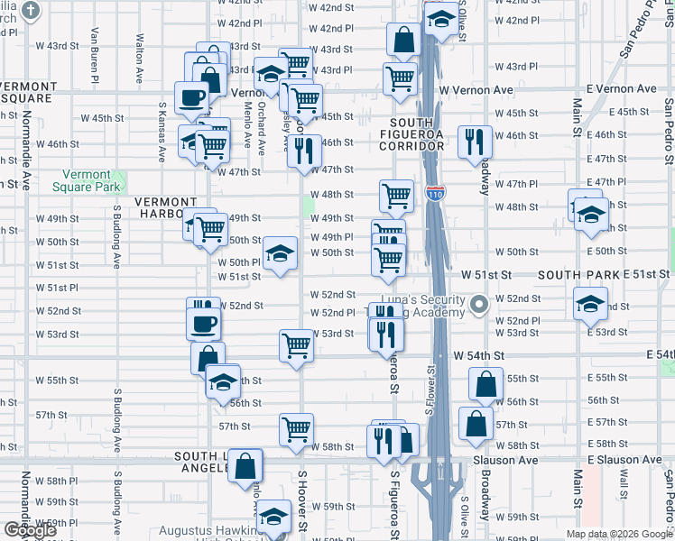 map of restaurants, bars, coffee shops, grocery stores, and more near 637 West 52nd Street in Los Angeles