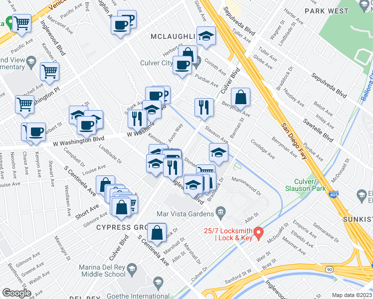 map of restaurants, bars, coffee shops, grocery stores, and more near 11826 Culver Boulevard in Los Angeles