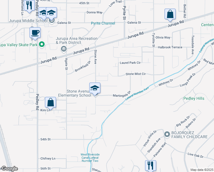 map of restaurants, bars, coffee shops, grocery stores, and more near Bridle Path Circle in Jurupa Valley
