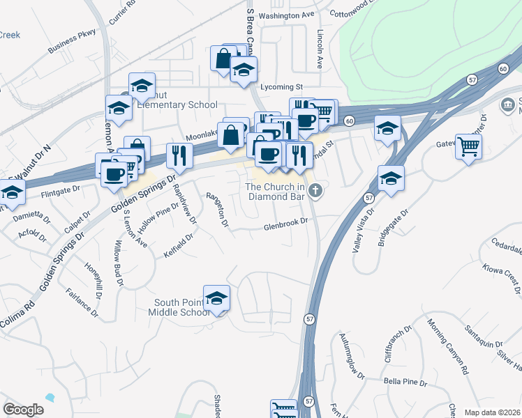 map of restaurants, bars, coffee shops, grocery stores, and more near 1164 South Crofter Drive in Walnut