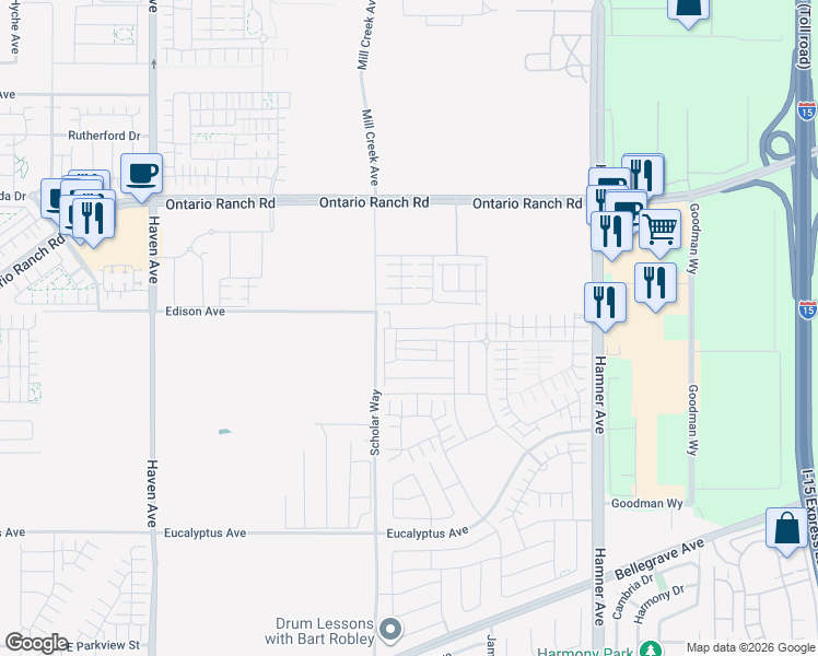 map of restaurants, bars, coffee shops, grocery stores, and more near 4003 East Carmel Privado in Ontario