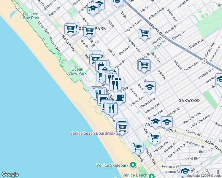map of restaurants, bars, coffee shops, grocery stores, and more near in Los Angeles