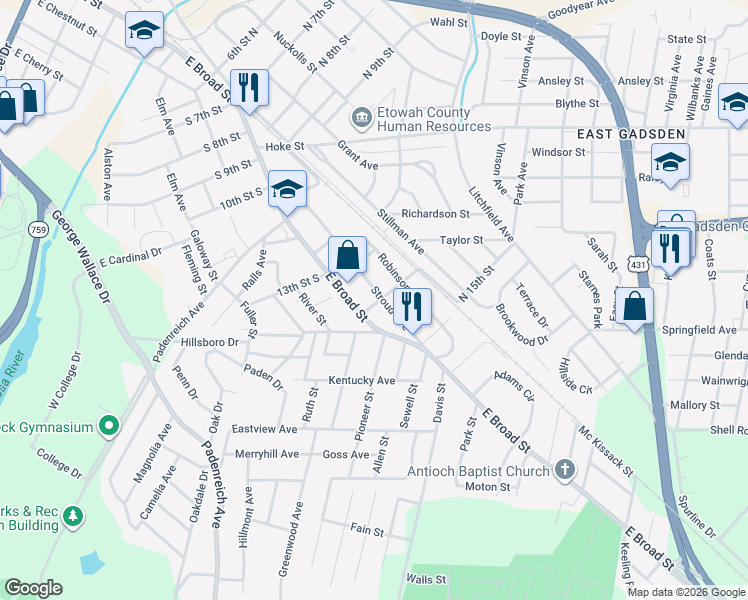 map of restaurants, bars, coffee shops, grocery stores, and more near 101 14th Street North in Gadsden