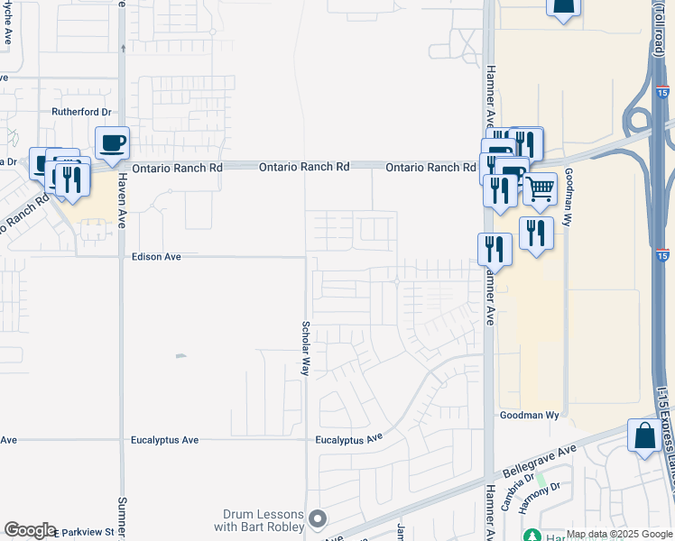 map of restaurants, bars, coffee shops, grocery stores, and more near 3983 East Carmel Privado in Ontario