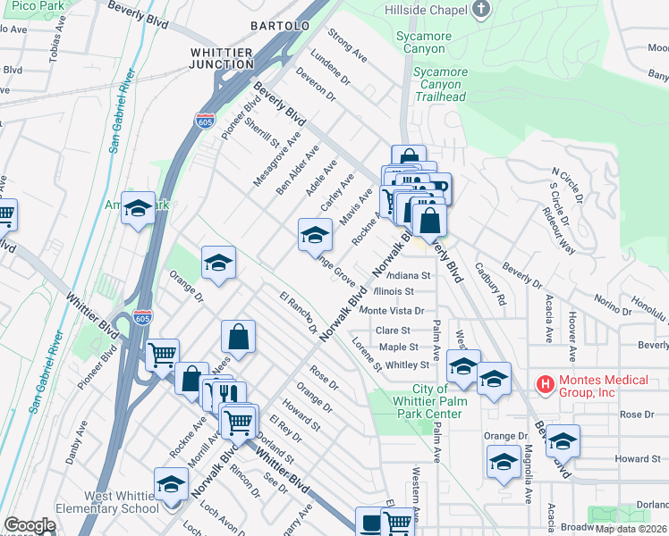 map of restaurants, bars, coffee shops, grocery stores, and more near 10734 Orange Grove in Whittier