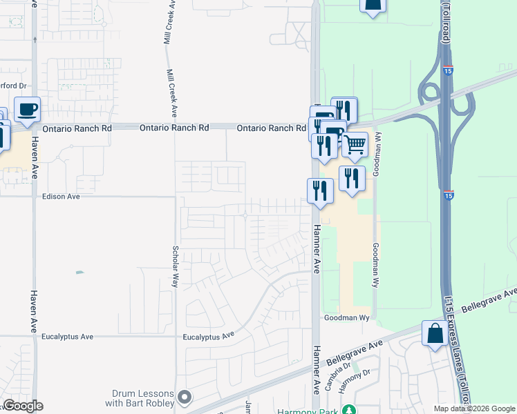 map of restaurants, bars, coffee shops, grocery stores, and more near 4212 East Honeybee Paseo in Ontario
