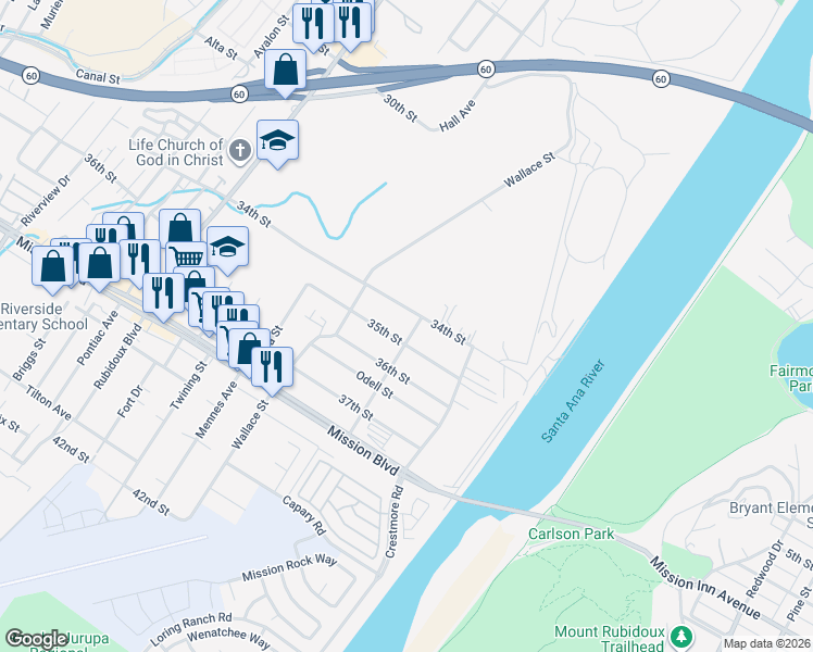 map of restaurants, bars, coffee shops, grocery stores, and more near 3447 Daly Avenue in Riverside