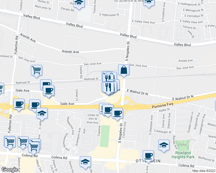 map of restaurants, bars, coffee shops, grocery stores, and more near 1015 South Nogales Street in Rowland Heights