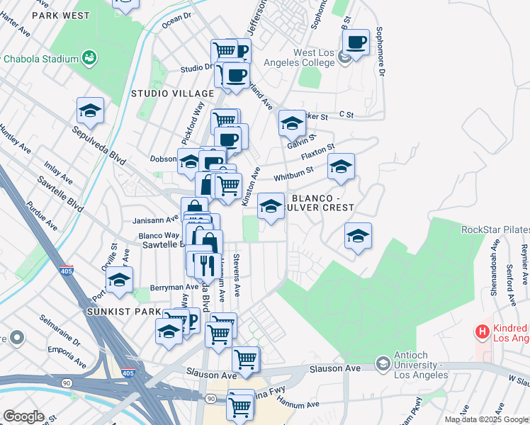 map of restaurants, bars, coffee shops, grocery stores, and more near 11177 Overland Avenue in Culver City