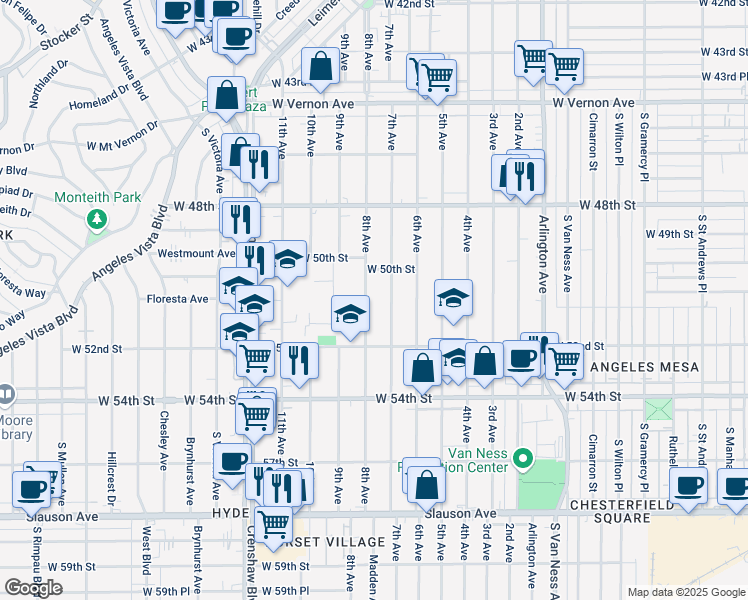 map of restaurants, bars, coffee shops, grocery stores, and more near 5104 8th Avenue in Los Angeles