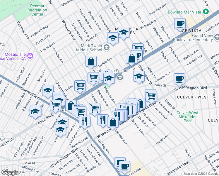 map of restaurants, bars, coffee shops, grocery stores, and more near 13000 Venice Boulevard in Los Angeles