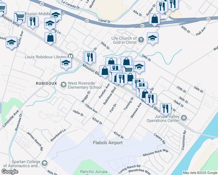 map of restaurants, bars, coffee shops, grocery stores, and more near 3952 Rubidoux Boulevard in Riverside