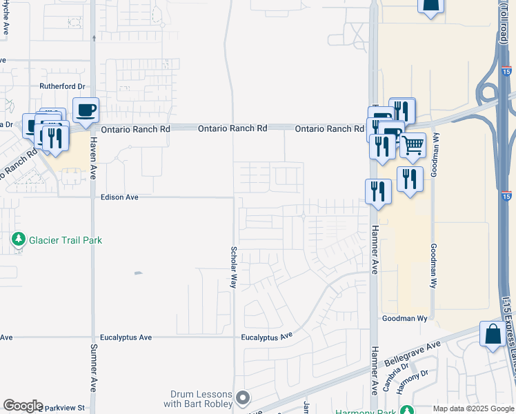 map of restaurants, bars, coffee shops, grocery stores, and more near 11071 Edison Avenue in Ontario
