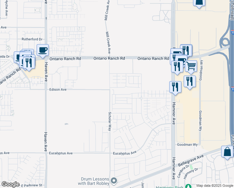 map of restaurants, bars, coffee shops, grocery stores, and more near 11071 Edison Avenue in Ontario