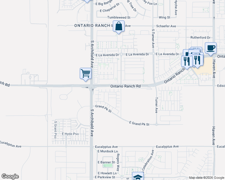 map of restaurants, bars, coffee shops, grocery stores, and more near 9811 Edison Ave in Ontario