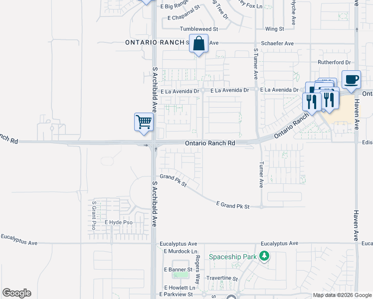 map of restaurants, bars, coffee shops, grocery stores, and more near 9811 Edison Ave in Ontario