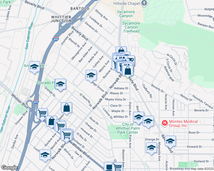 map of restaurants, bars, coffee shops, grocery stores, and more near 10817 Illinois Street in Whittier