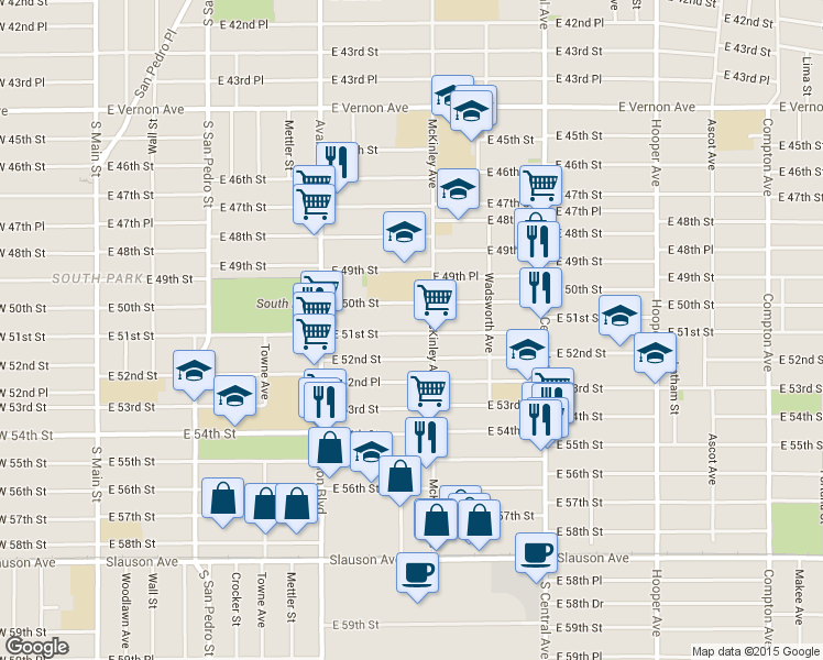 map of restaurants, bars, coffee shops, grocery stores, and more near 767 East 52nd Street in Los Angeles