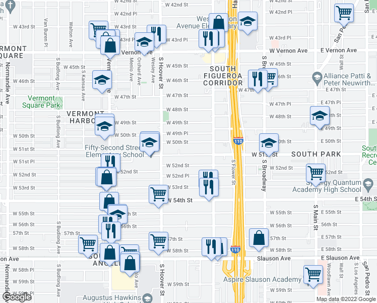 map of restaurants, bars, coffee shops, grocery stores, and more near 637 West 52nd Street in Los Angeles