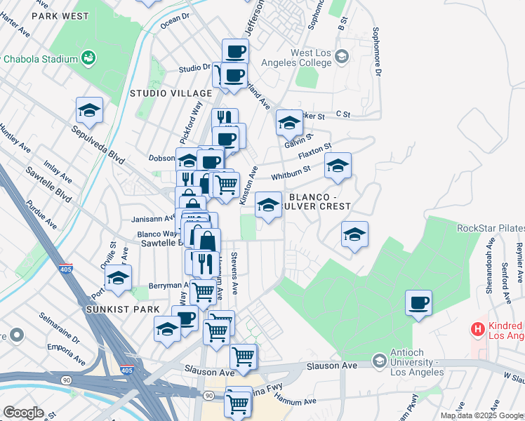 map of restaurants, bars, coffee shops, grocery stores, and more near 11177 Overland Avenue in Culver City