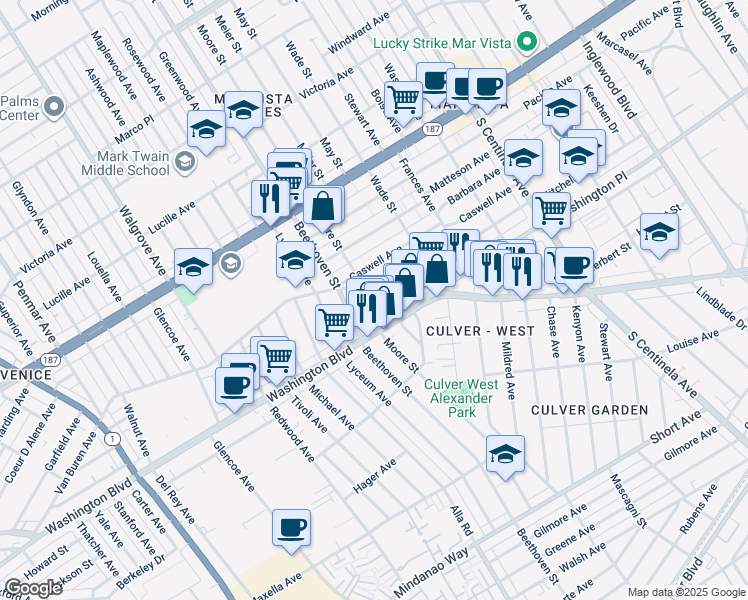 map of restaurants, bars, coffee shops, grocery stores, and more near 12813 West Washington Boulevard in Los Angeles