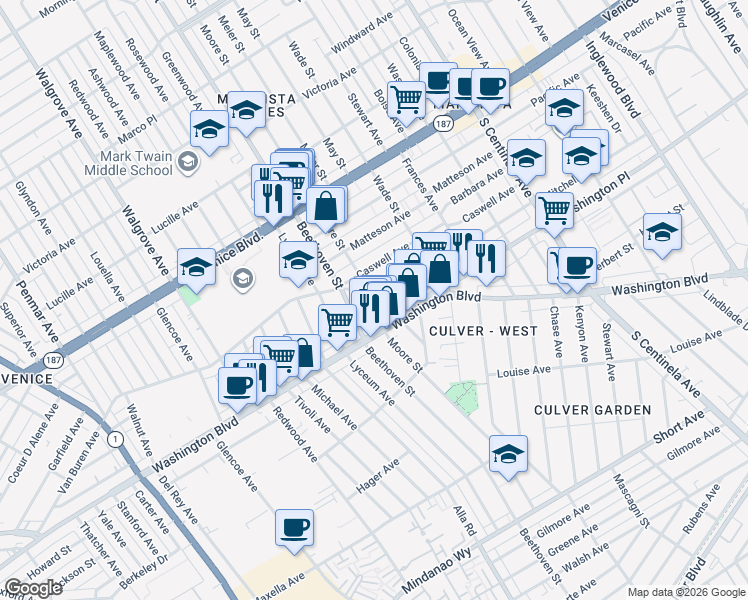 map of restaurants, bars, coffee shops, grocery stores, and more near 3978 1/2 Beethoven Street in Los Angeles
