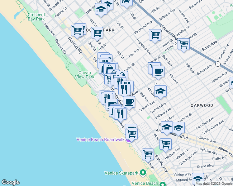 map of restaurants, bars, coffee shops, grocery stores, and more near 59 Ozone Court in Los Angeles