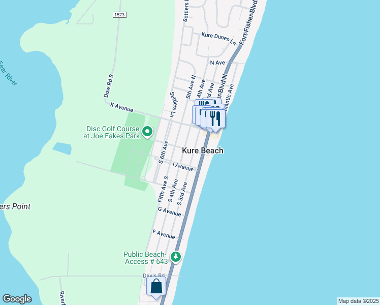 map of restaurants, bars, coffee shops, grocery stores, and more near 222 South 3rd Avenue in Kure Beach