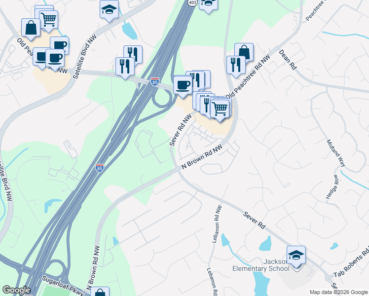 map of restaurants, bars, coffee shops, grocery stores, and more near 2354 Strand Avenue in Lawrenceville