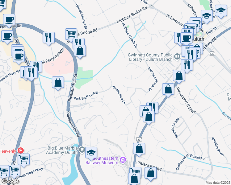 map of restaurants, bars, coffee shops, grocery stores, and more near 3504 Benthollow Lane in Duluth