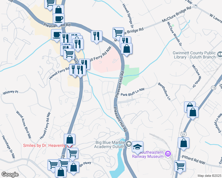 map of restaurants, bars, coffee shops, grocery stores, and more near 3716 Meeting Street Northwest in Duluth