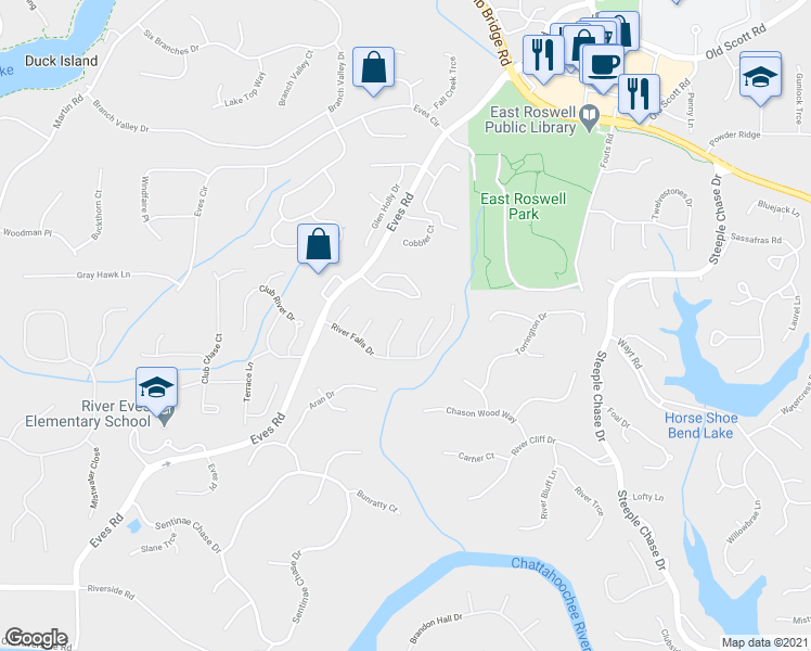 map of restaurants, bars, coffee shops, grocery stores, and more near 710 Falling Rocks Court in Roswell