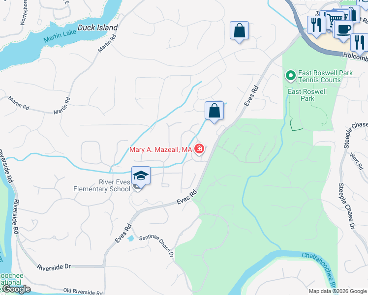 map of restaurants, bars, coffee shops, grocery stores, and more near 8930 Terrace Club Drive in Roswell