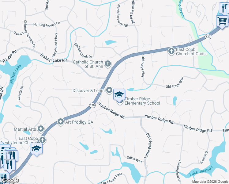 map of restaurants, bars, coffee shops, grocery stores, and more near 1936 Fields Pond Drive in Marietta