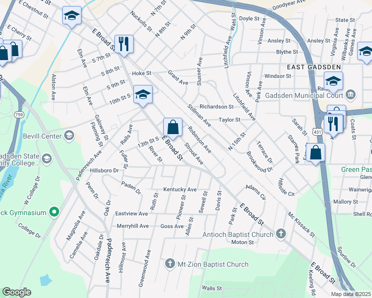 map of restaurants, bars, coffee shops, grocery stores, and more near 101 14th Street North in Gadsden