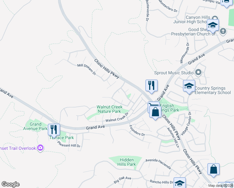 map of restaurants, bars, coffee shops, grocery stores, and more near 1871 Foxgate Lane in Chino Hills