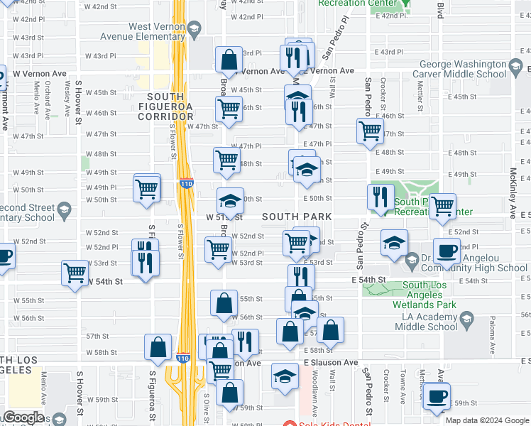 map of restaurants, bars, coffee shops, grocery stores, and more near 153 West 51st Street in Los Angeles