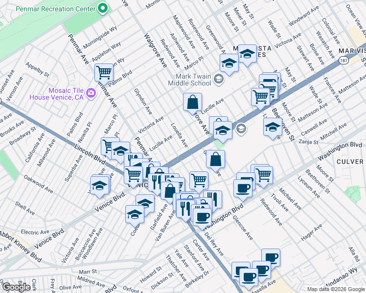 map of restaurants, bars, coffee shops, grocery stores, and more near 2335 Louella Avenue in Los Angeles