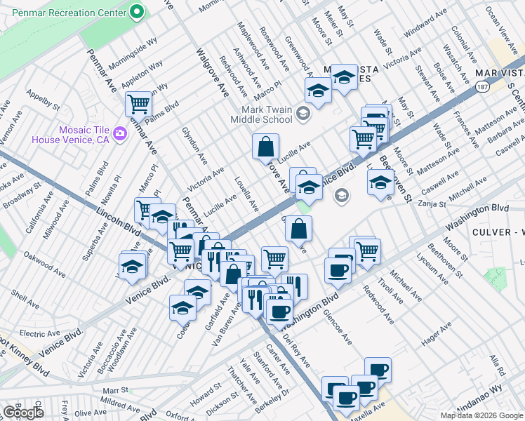 map of restaurants, bars, coffee shops, grocery stores, and more near 1503 Venice Boulevard in Los Angeles