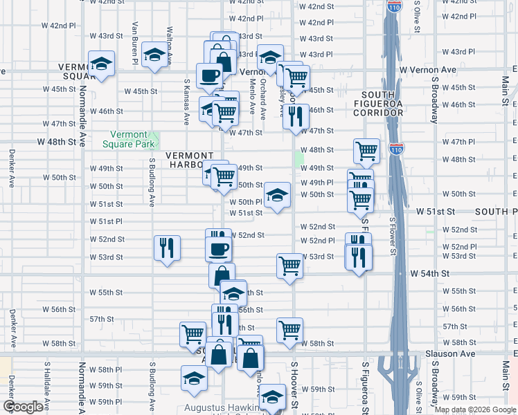 map of restaurants, bars, coffee shops, grocery stores, and more near 917 West 51st Place in Los Angeles