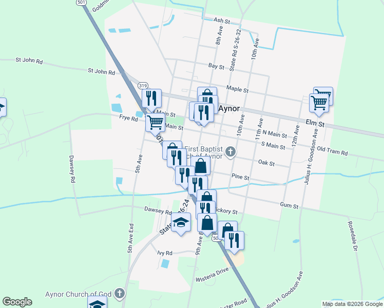 map of restaurants, bars, coffee shops, grocery stores, and more near 301 8th Avenue in Aynor