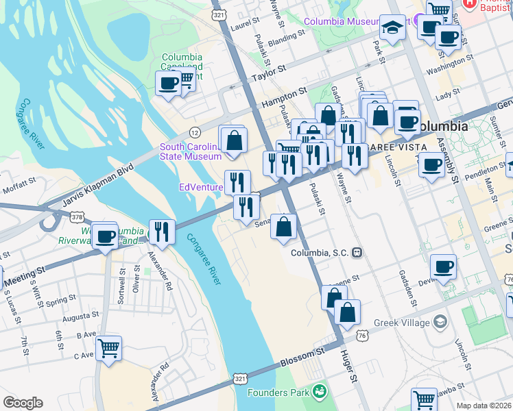 map of restaurants, bars, coffee shops, grocery stores, and more near 1107 Williams Street in Columbia
