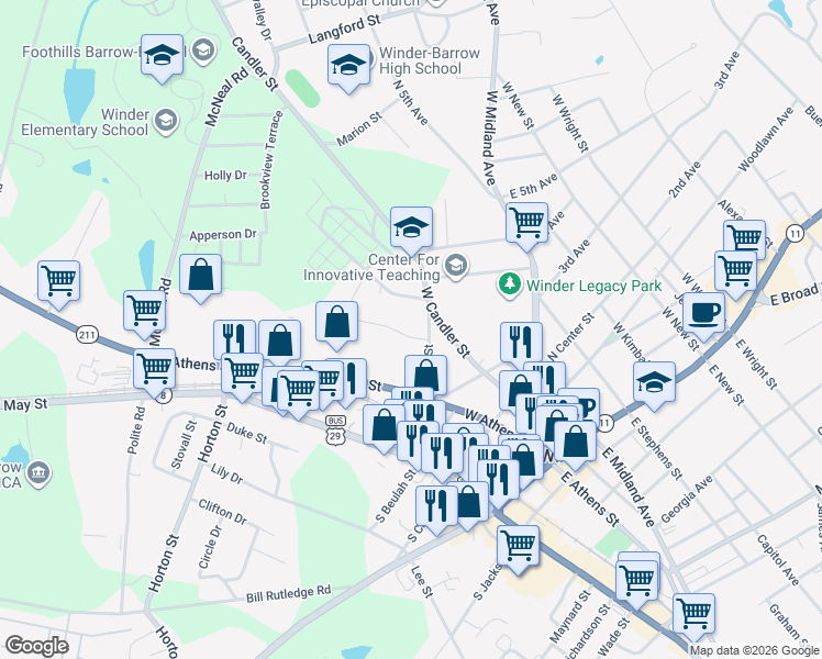 map of restaurants, bars, coffee shops, grocery stores, and more near 146 Sweet Gum Lane in Winder