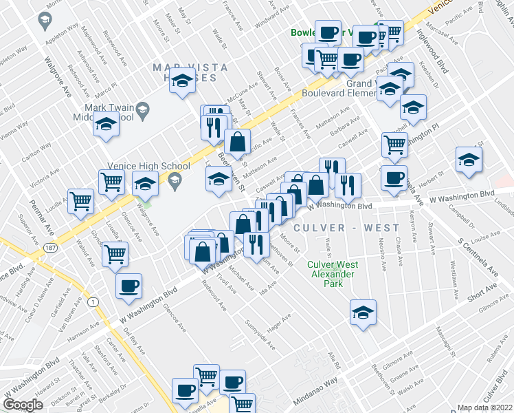 map of restaurants, bars, coffee shops, grocery stores, and more near 3978 1/2 Beethoven Street in Los Angeles