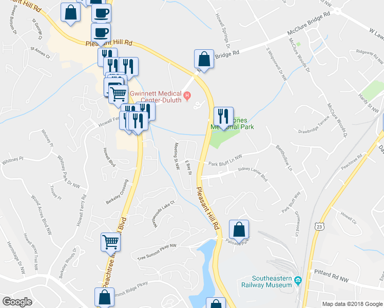map of restaurants, bars, coffee shops, grocery stores, and more near 3716 Meeting Street Northwest in Duluth